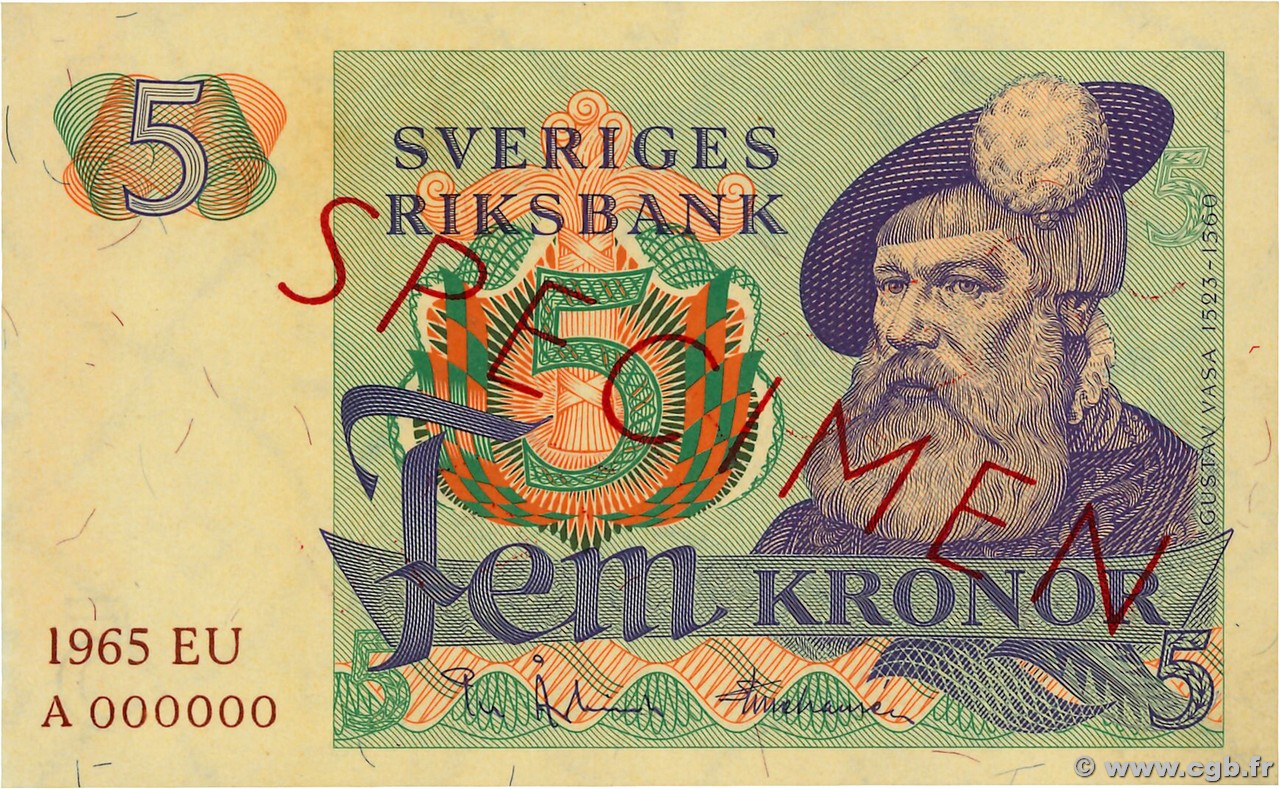 5 Kronor Spécimen SWEDEN  1965 P.51as UNC
