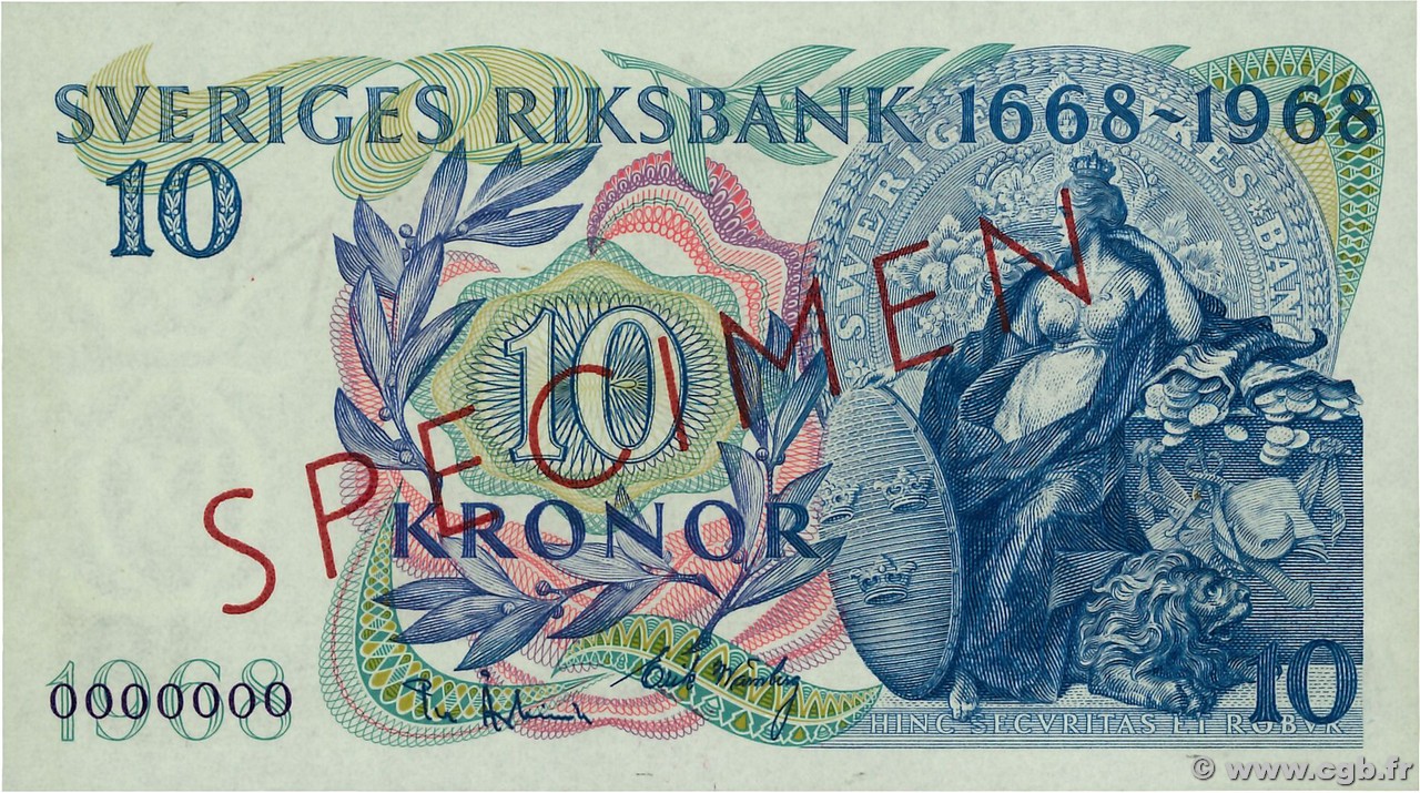 10 Kronor Spécimen SWEDEN  1968 P.56as UNC