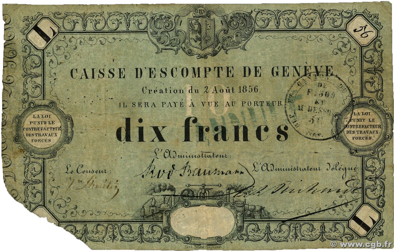 10 Francs Annulé SWITZERLAND  1856 PS.311b G