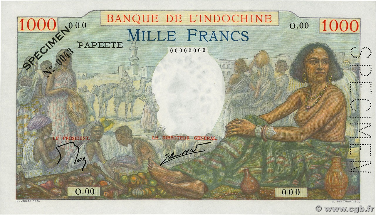 1000 Francs Spécimen TAHITI  1940 P.15cs ST