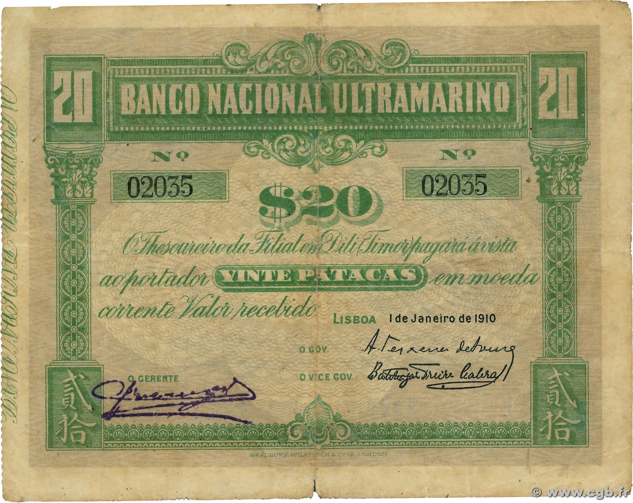 20 Patacas TIMOR  1910 P.04 F