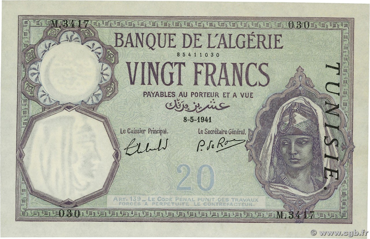 20 Francs TUNISIA  1941 P.06b UNC-
