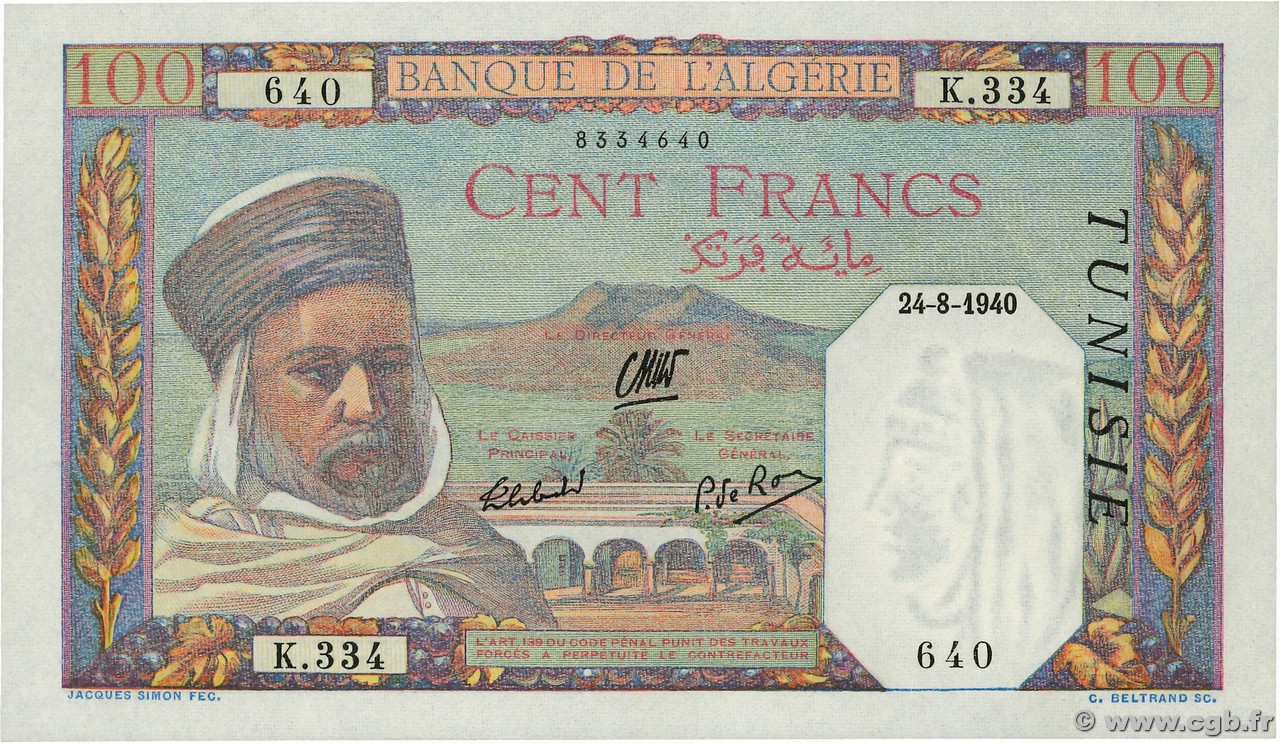 100 Francs TUNISIE  1940 P.13a pr.NEUF
