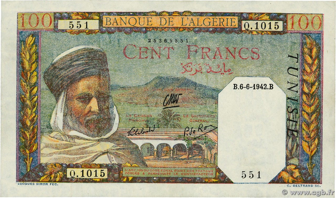 100 Francs TUNISIA  1942 P.13b SPL+
