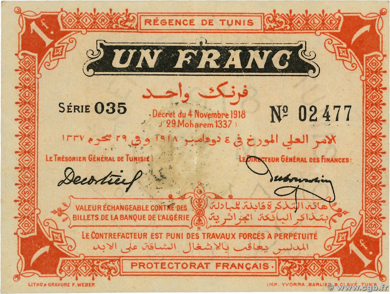 1 Franc TúNEZ  1918 P.43 SC
