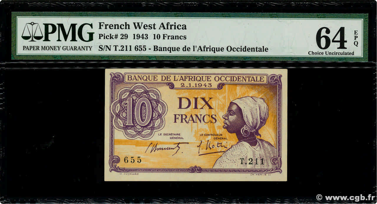 10 Francs FRENCH WEST AFRICA  1943 P.29 SC+