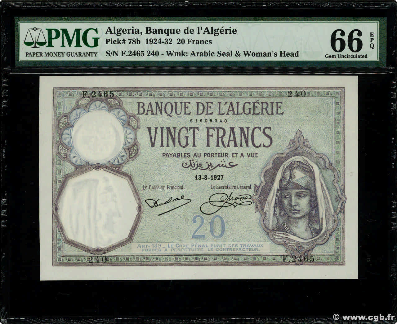 20 Francs ARGELIA  1927 P.078b FDC