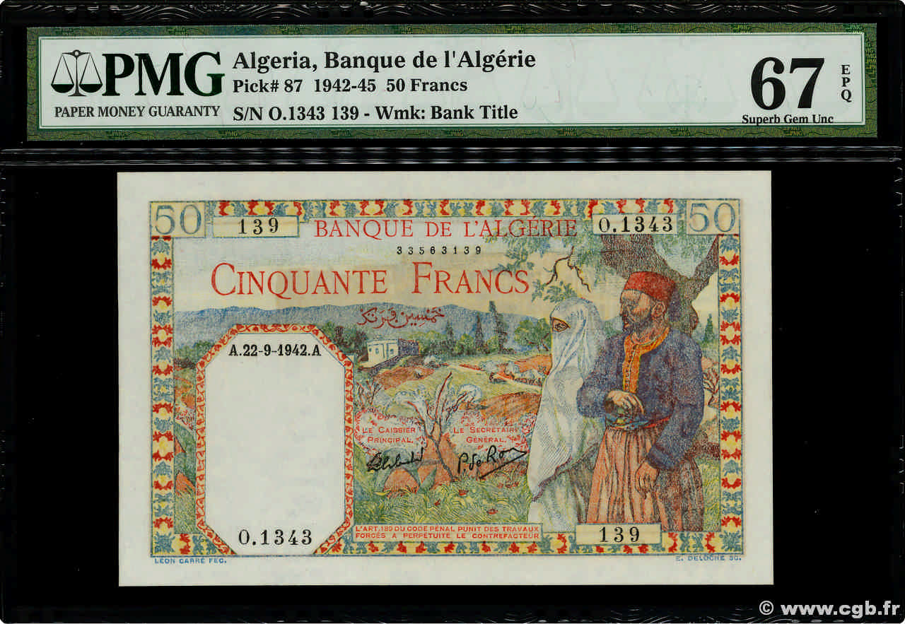 50 Francs ARGELIA  1942 P.087 FDC