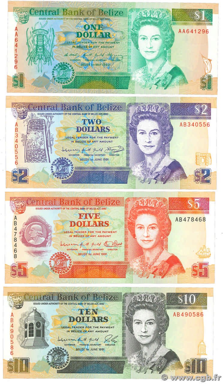 1, 2, 5 et 10 Dollars Lot BELIZE  1990 P.51, P.52b, P.53b et P.54b ST