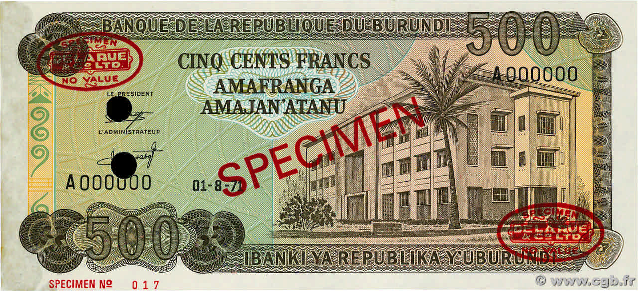 500 Francs Spécimen BURUNDI  1971 P.24bs SPL