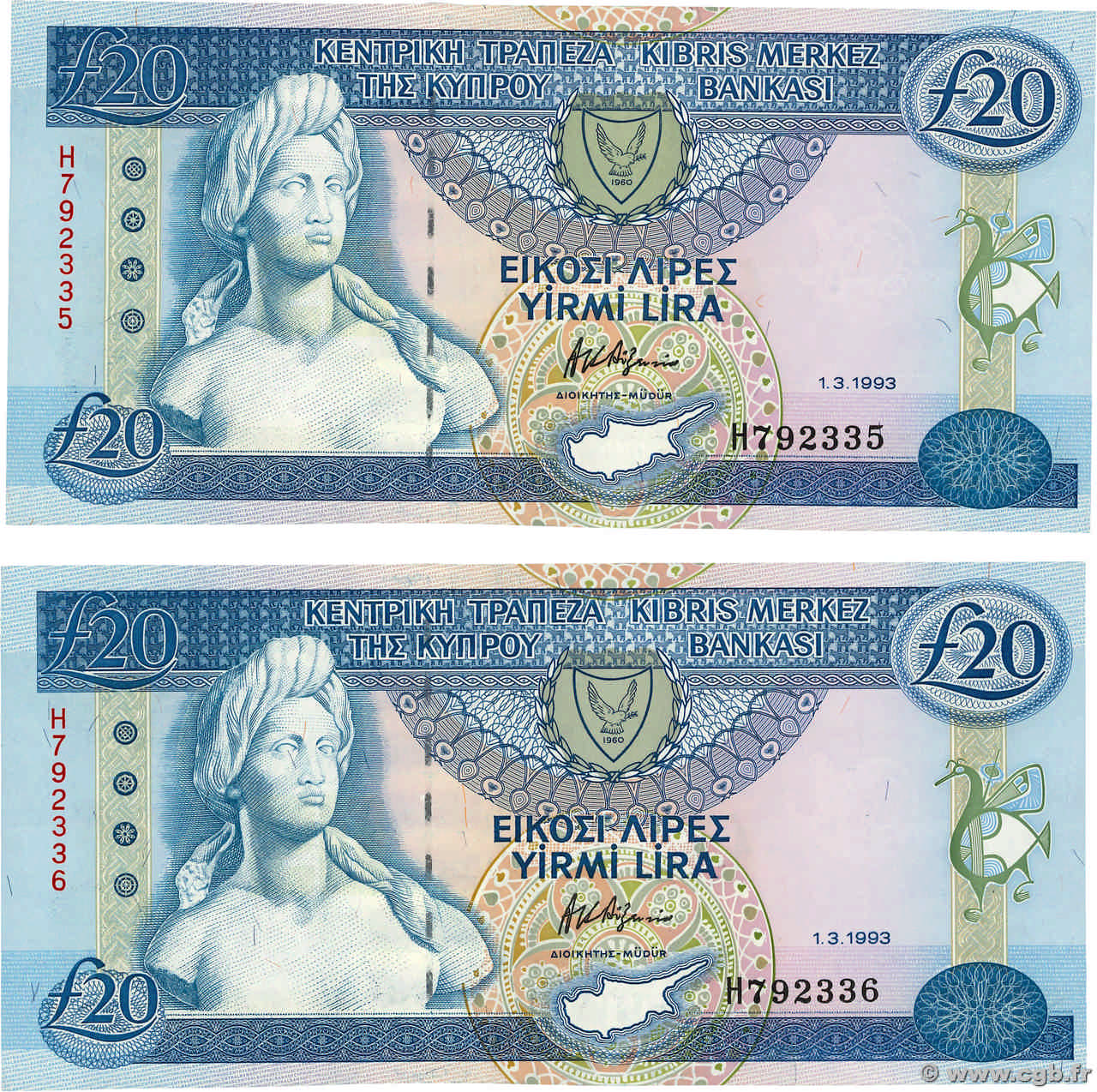 20 Pounds Consécutifs CYPRUS  1993 P.56b UNC