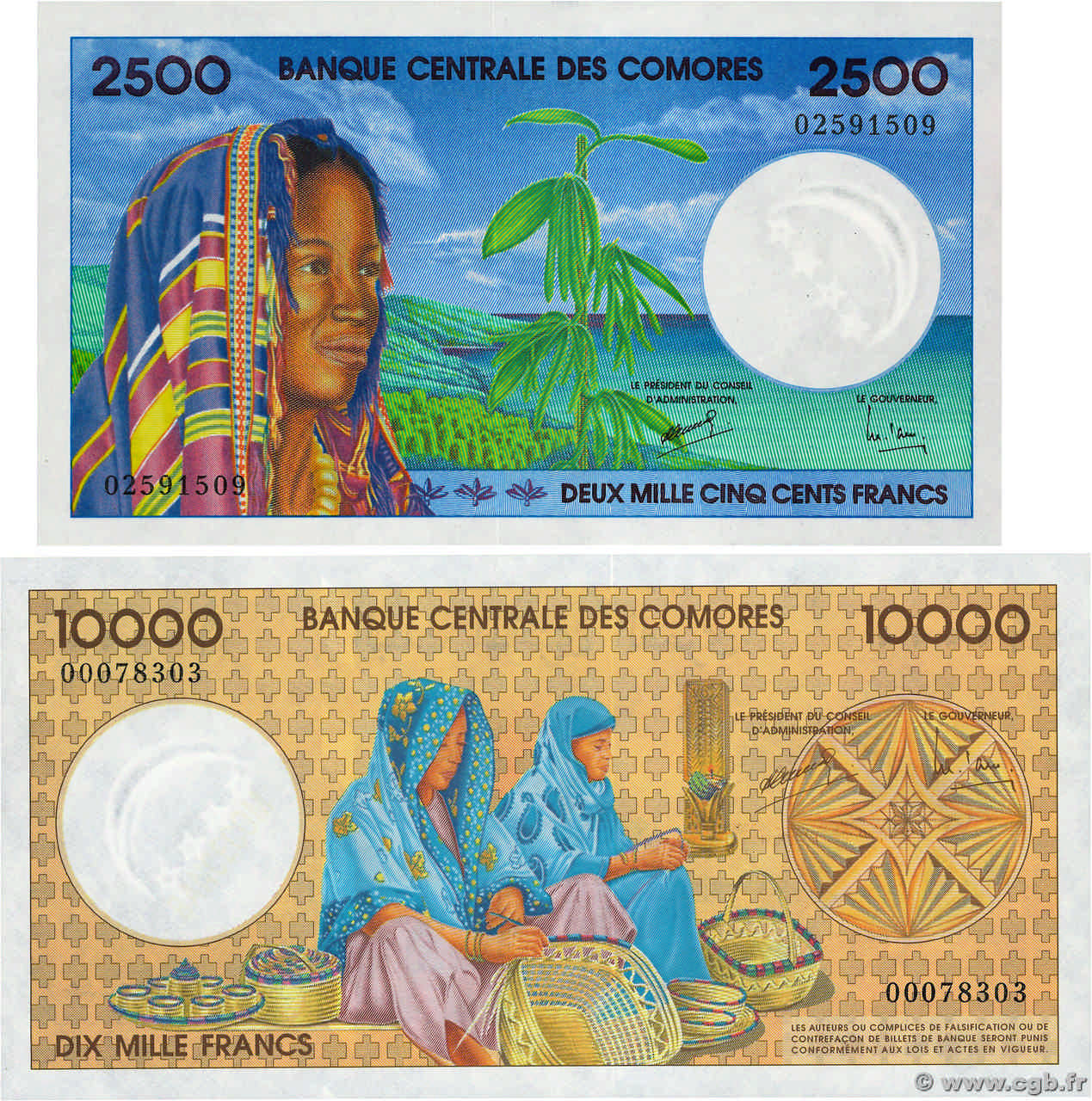 2500 et 10000 Francs Lot KOMOREN  1997 P.13 et P.14 ST
