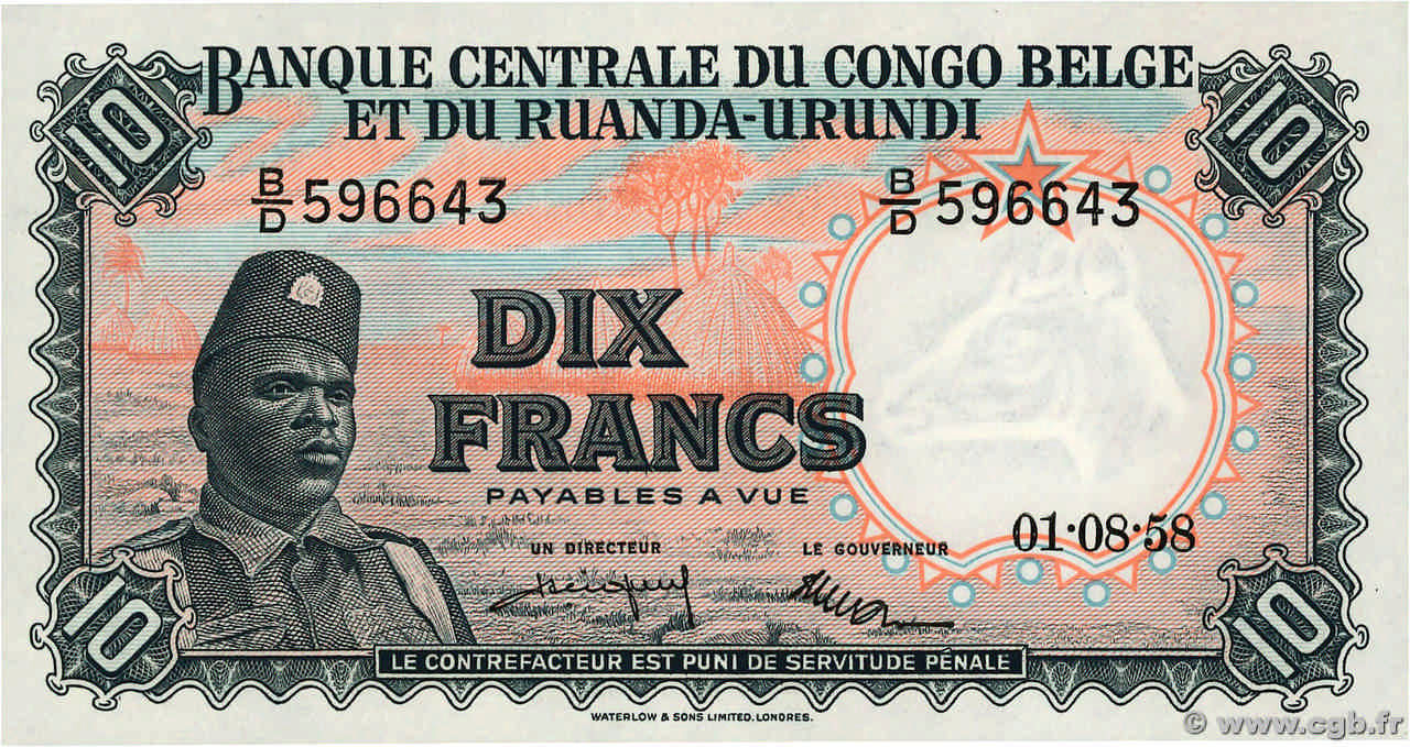 10 Francs BELGIAN CONGO  1958 P.30b UNC