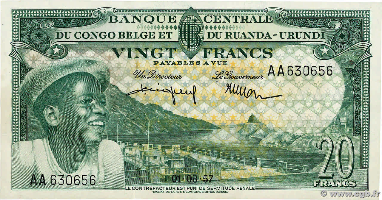 20 Francs CONGO BELGE  1957 P.31 SUP+