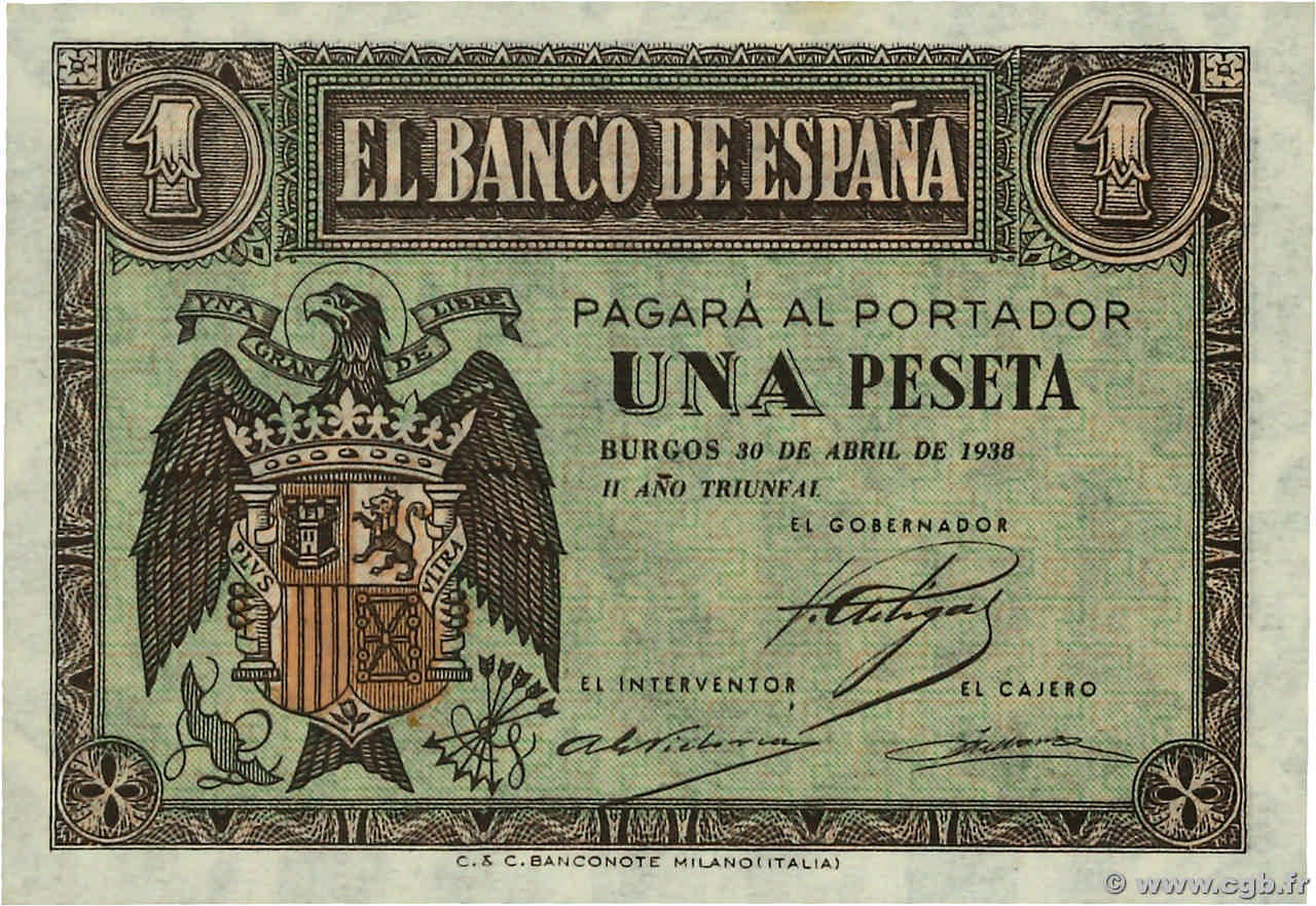 1 Peseta SPAIN  1938 P.108a AU