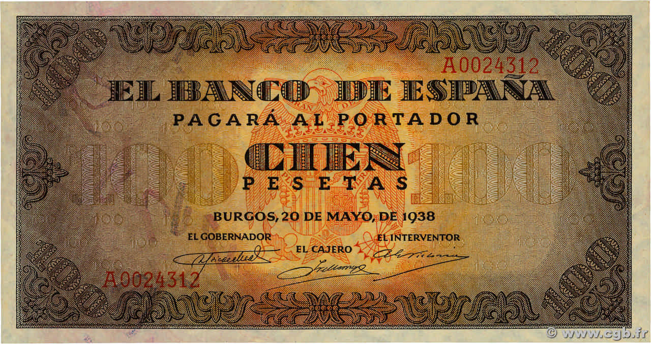 100 Pesetas SPANIEN  1938 P.113a VZ+