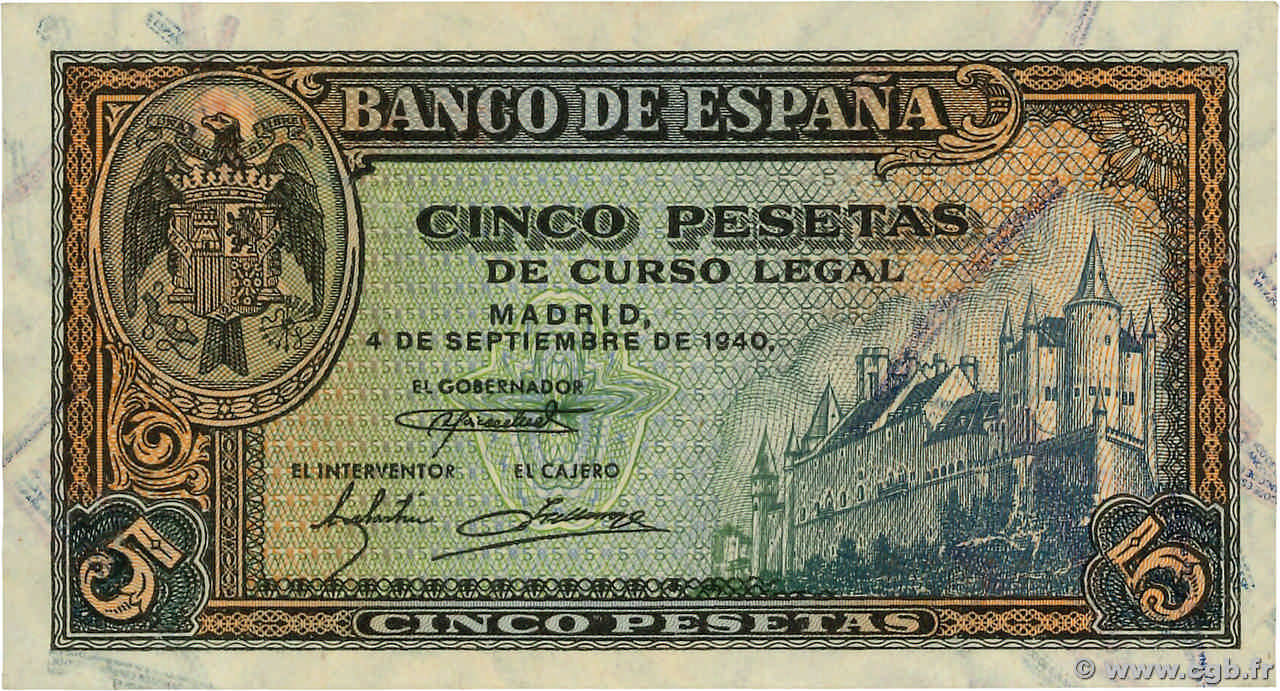 5 Pesetas SPANIEN  1940 P.123a VZ