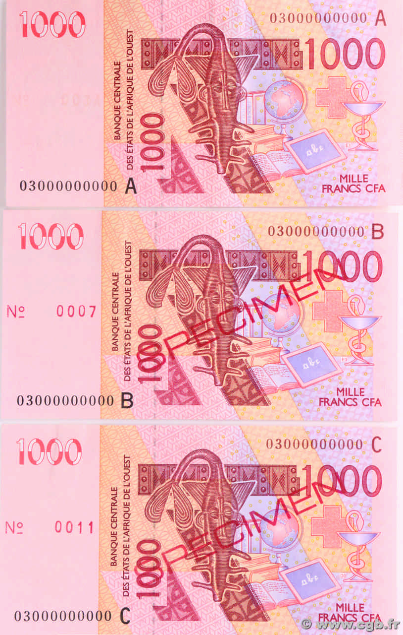 1000 Francs Spécimen ÉTATS DE L AFRIQUE DE L OUEST  2003 P.117A/B/C/as SPL