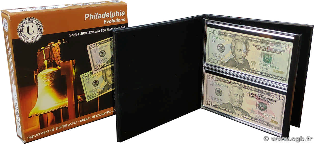 20 et 50 Dollars Set de présentation ESTADOS UNIDOS DE AMÉRICA Philadelphie 2004 P.521 et 522 FDC