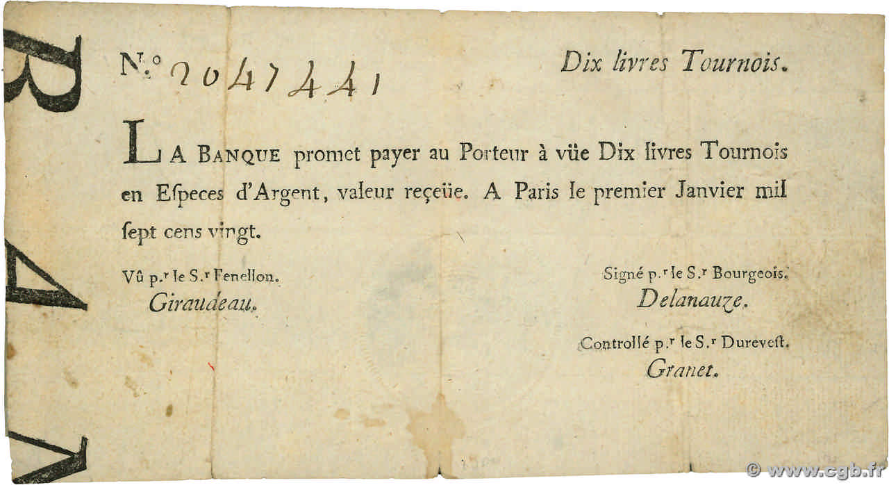 10 Livres Tournois typographié FRANCE  1720 Dor.21 pr.TTB