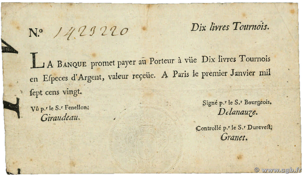 10 Livres Tournois typographié FRANCE  1720 Dor.21 VF