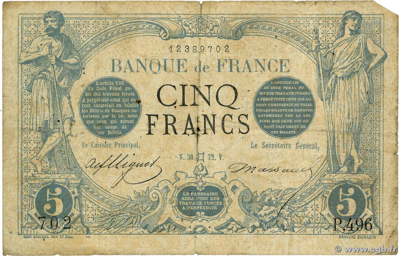 5 Francs NOIR FRANCE  1872 F.01.06 pr.B