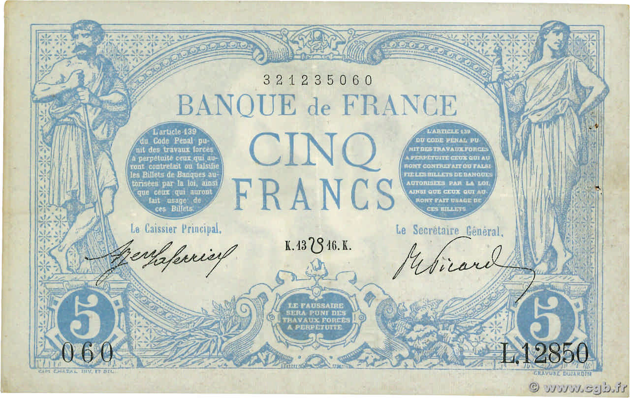 5 Francs BLEU lion inversé FRANKREICH  1916 F.02bis.04 fVZ