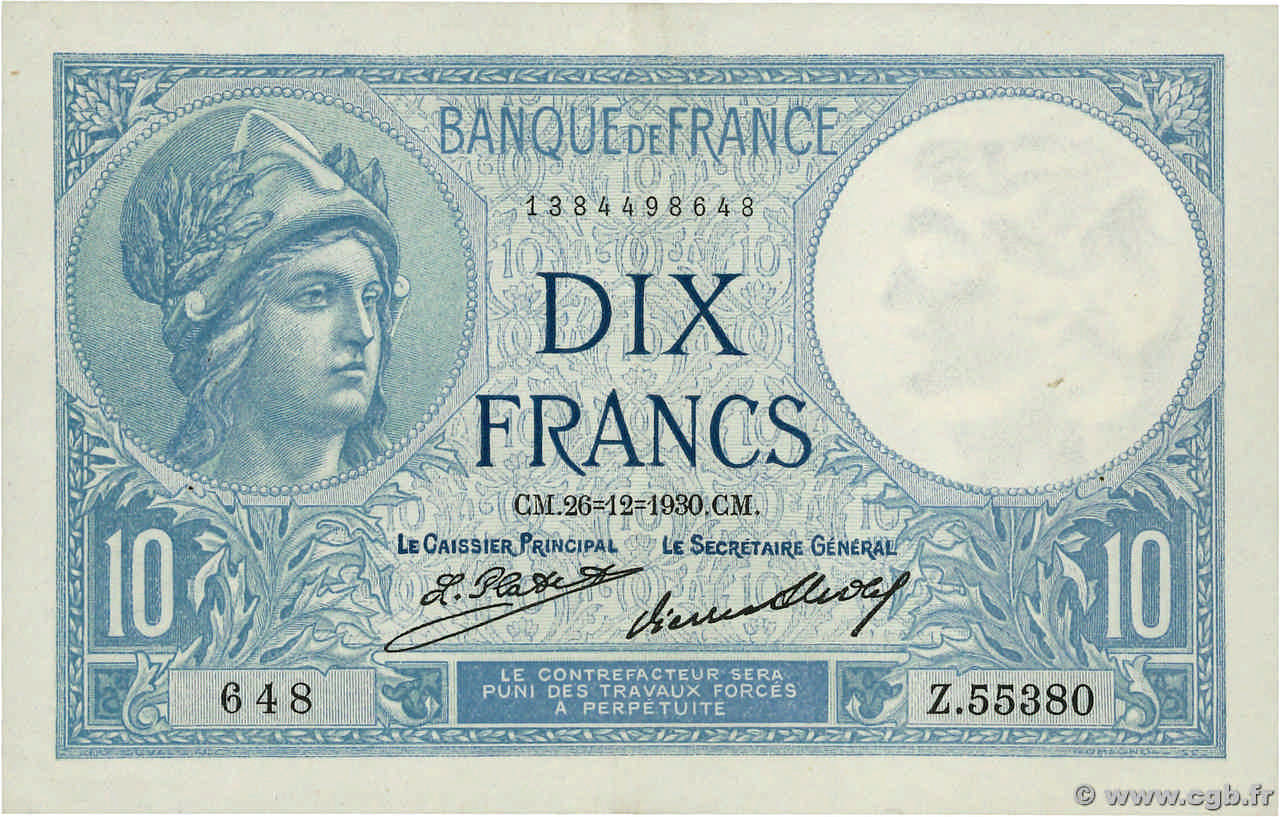 10 Francs MINERVE FRANCE  1930 F.06.14 SUP