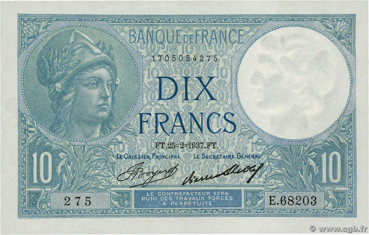 10 Francs MINERVE FRANCIA  1937 F.06.18 EBC