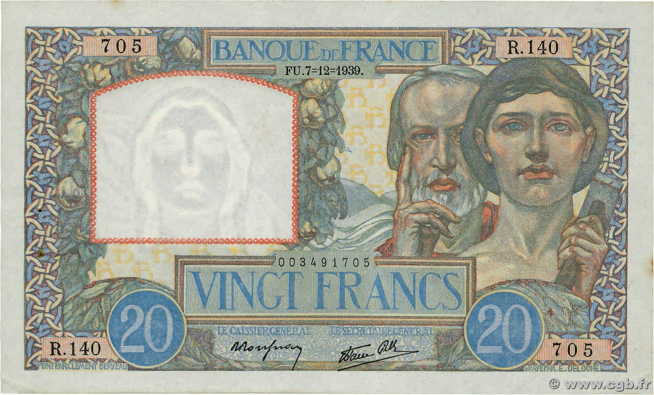 20 Francs TRAVAIL ET SCIENCE FRANCE  1939 F.12.01 TTB