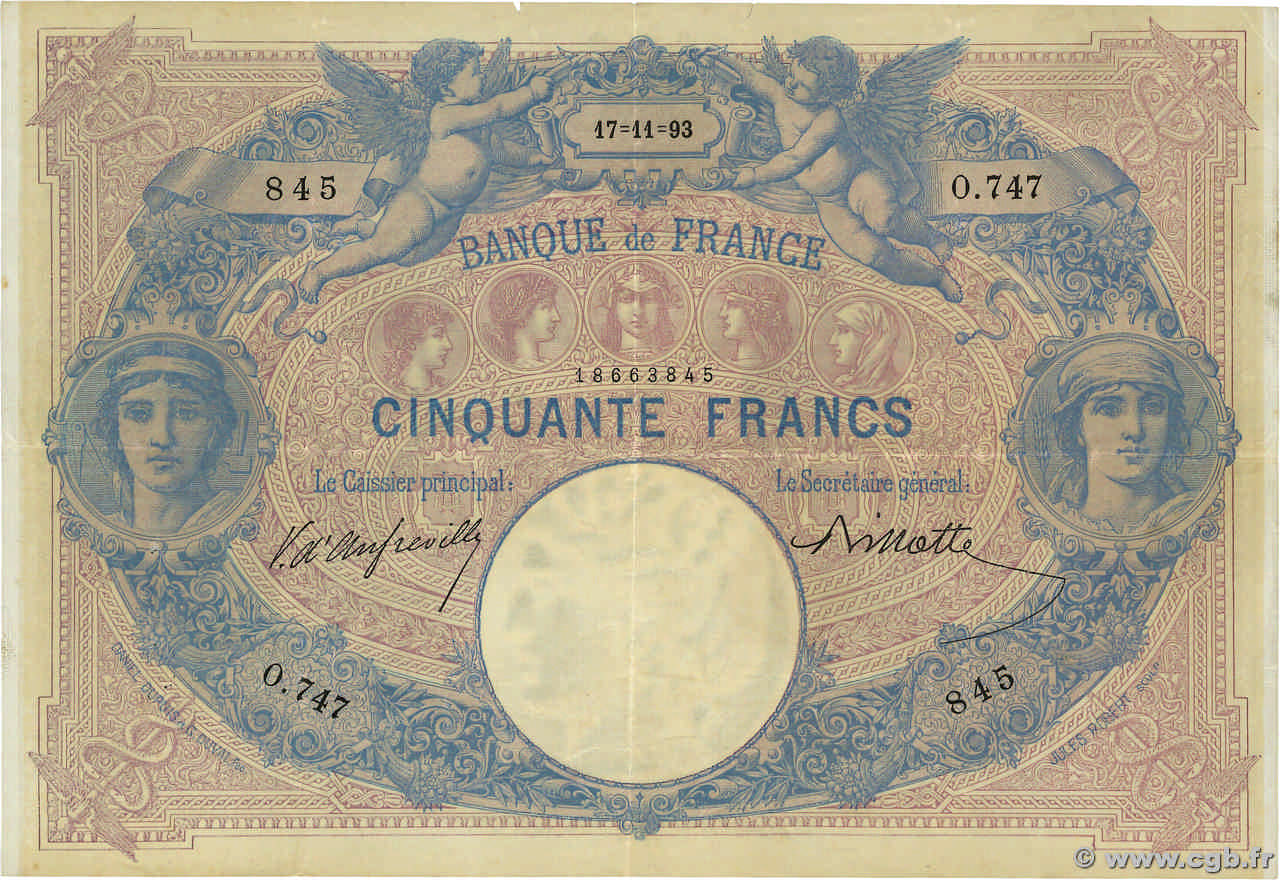 50 Francs BLEU ET ROSE FRANCE  1893 F.14.05 VF