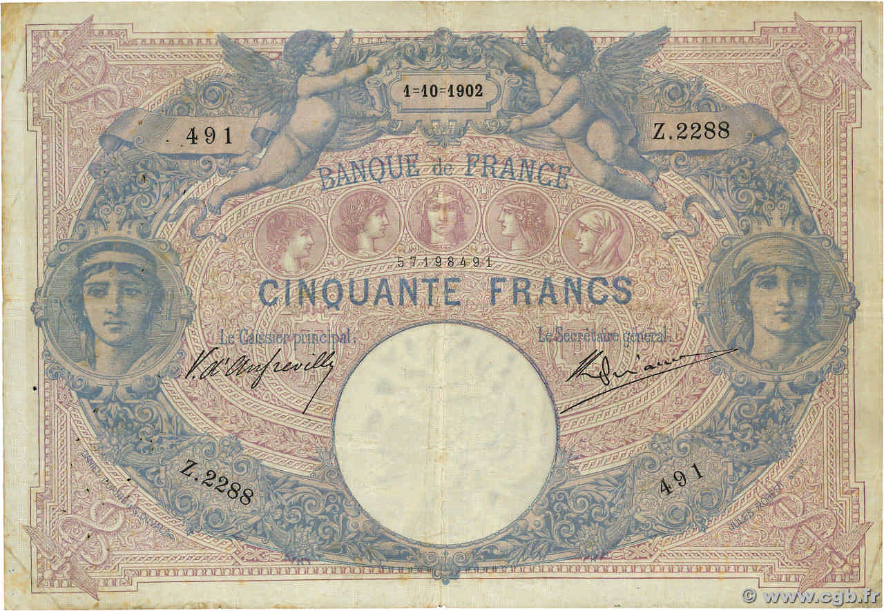 50 Francs BLEU ET ROSE FRANKREICH  1902 F.14.14 S