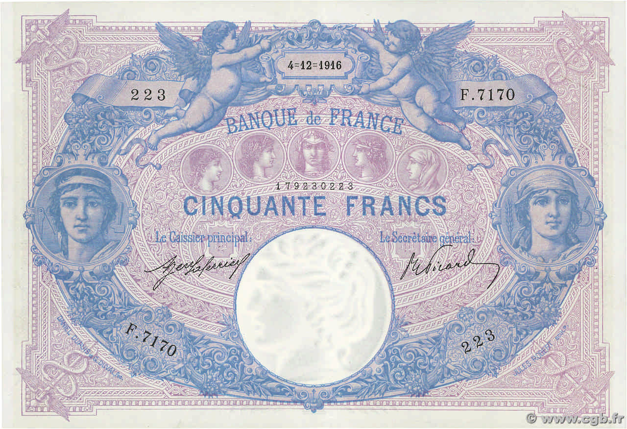 50 Francs BLEU ET ROSE FRANCIA  1916 F.14.29 SPL