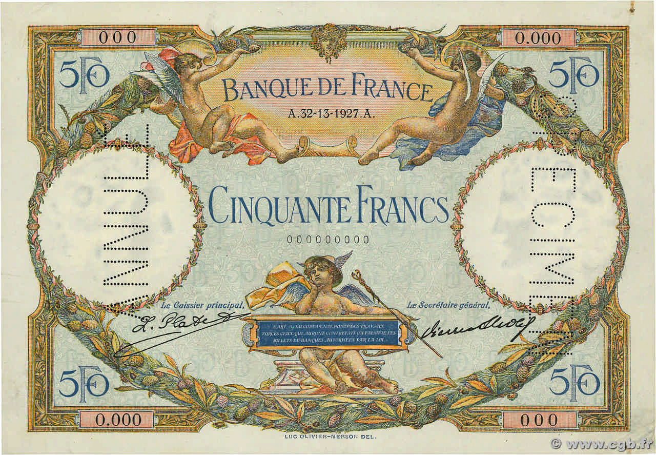 50 Francs LUC OLIVIER MERSON Spécimen FRANCIA  1927 F.15.01Sp EBC