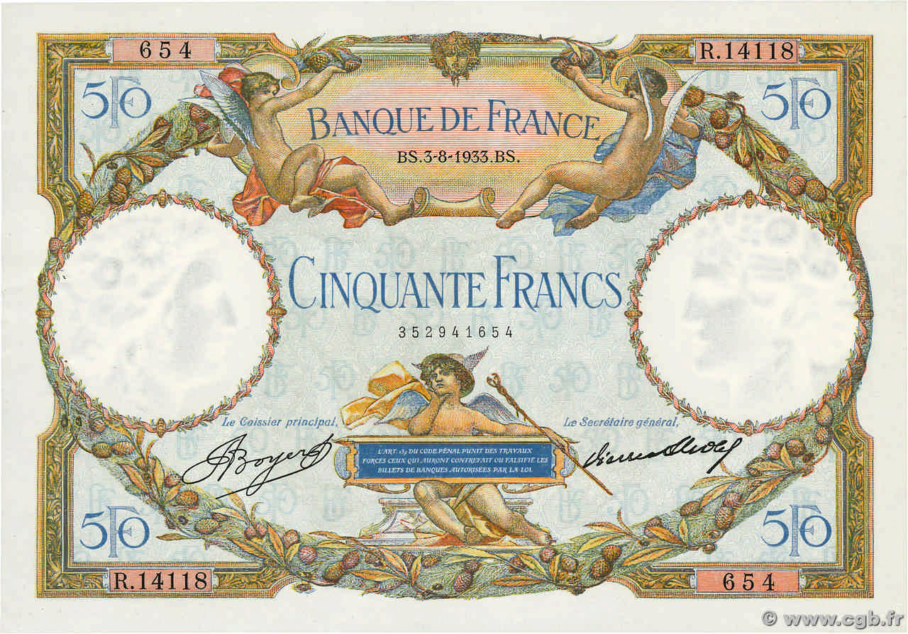 50 Francs LUC OLIVIER MERSON type modifié FRANKREICH  1933 F.16.04 VZ+