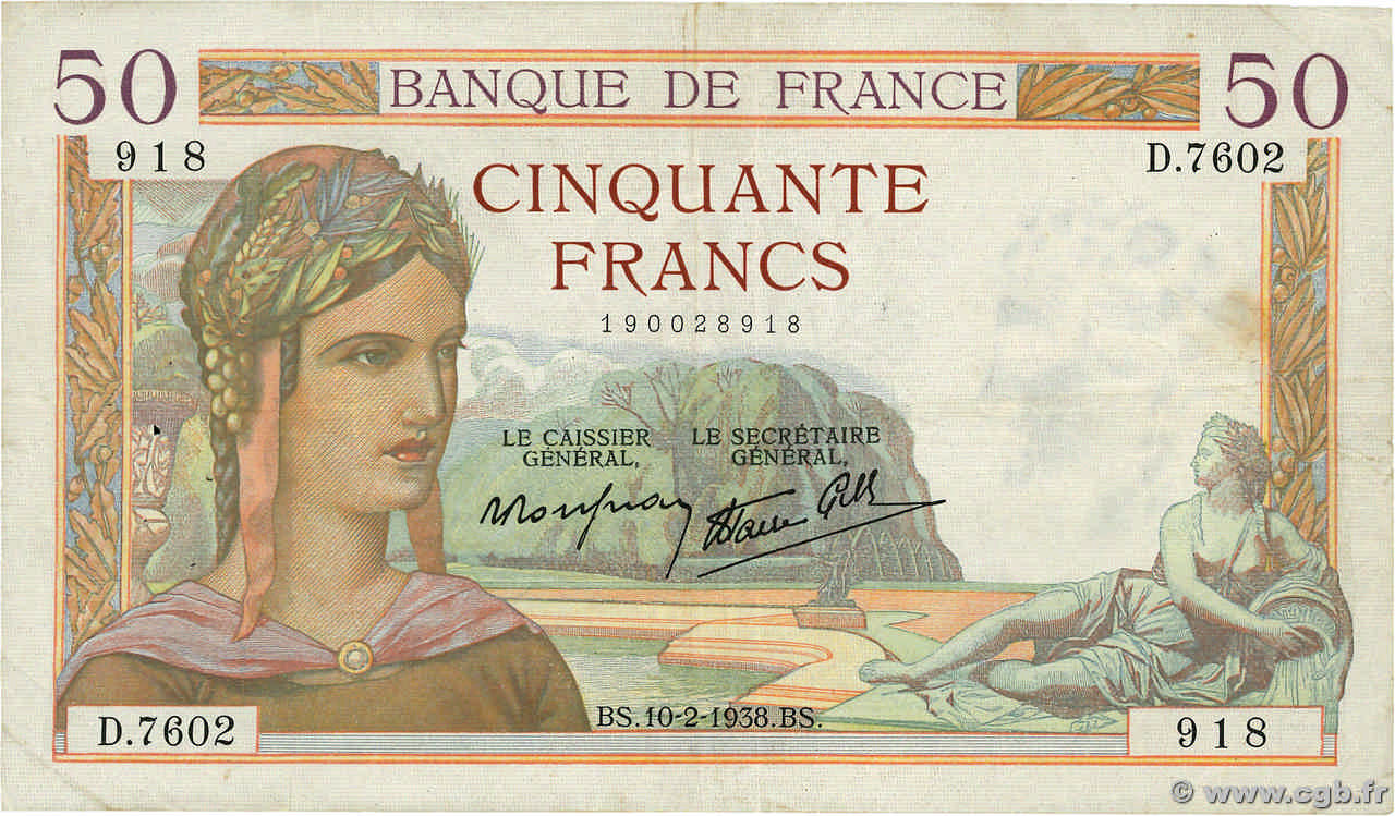50 Francs CÉRÈS modifié FRANCIA  1938 F.18.08 MB