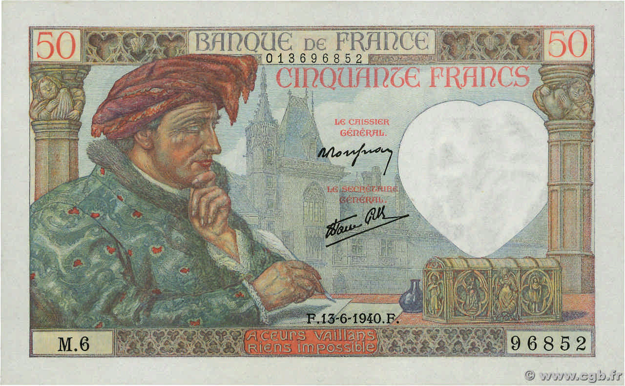 50 Francs JACQUES CŒUR FRANCE  1940 F.19.01 pr.SPL