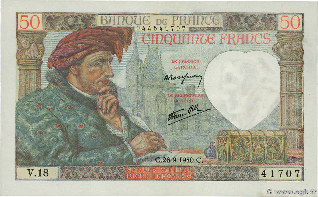 50 Francs JACQUES CŒUR FRANCE  1940 F.19.03 TTB+