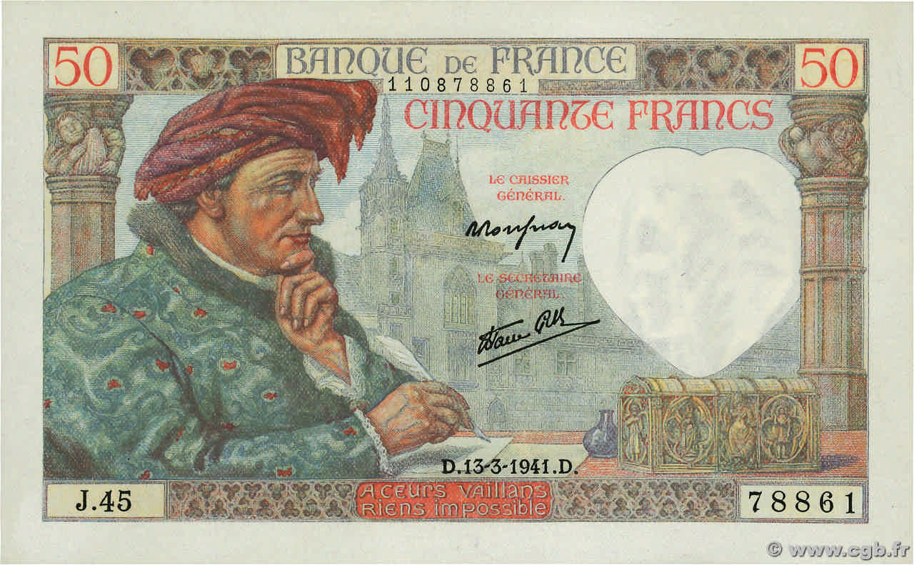 50 Francs JACQUES CŒUR FRANCIA  1941 F.19.07 EBC
