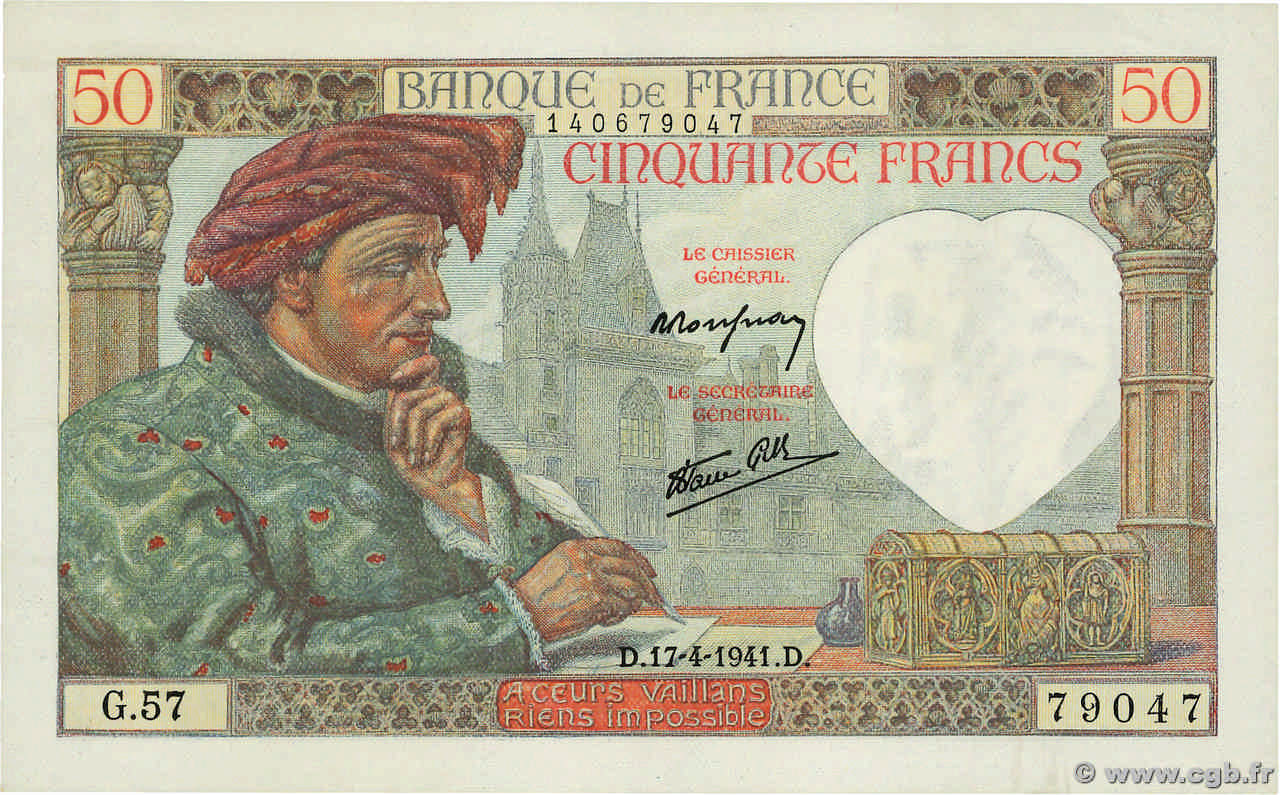 50 Francs JACQUES CŒUR FRANCIA  1941 F.19.08 SC