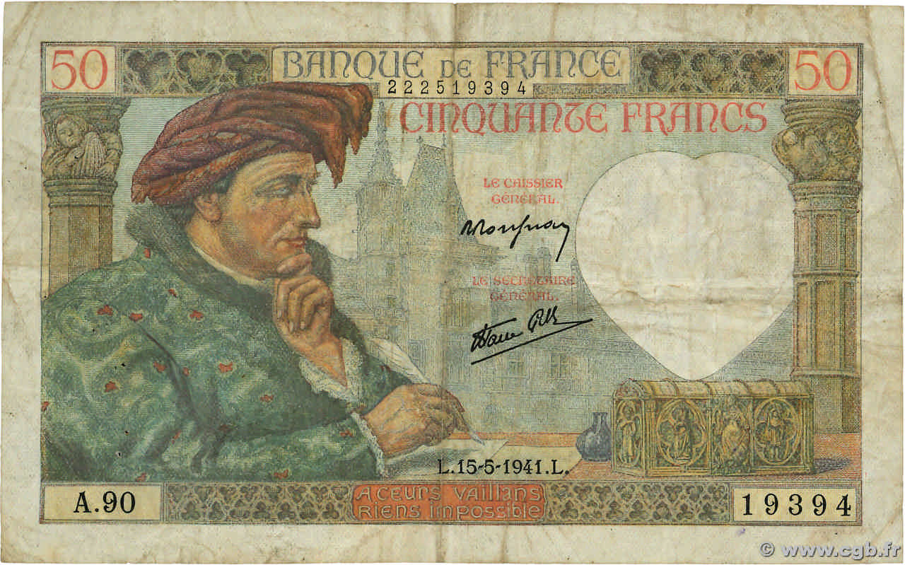 50 Francs JACQUES CŒUR FRANCE  1941 F.19.11 F