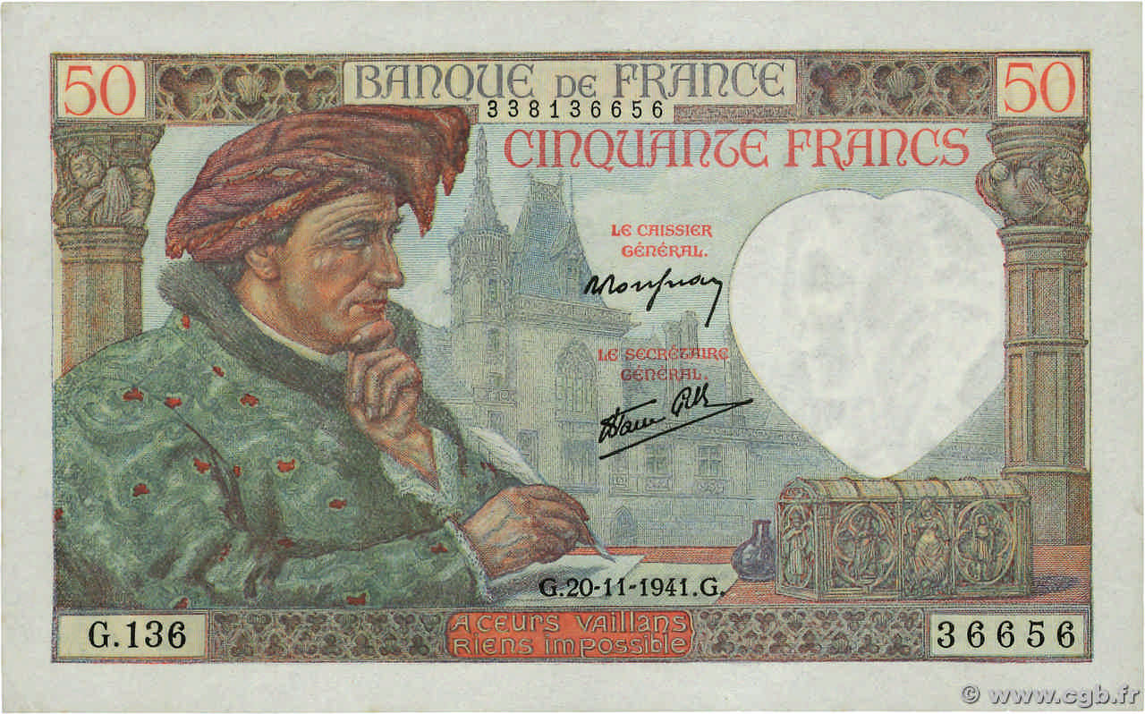 50 Francs JACQUES CŒUR FRANCIA  1941 F.19.16 q.AU
