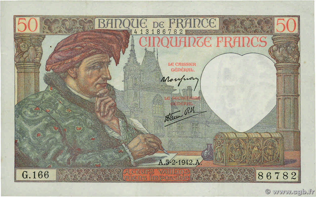 50 Francs JACQUES CŒUR FRANKREICH  1942 F.19.19 SS