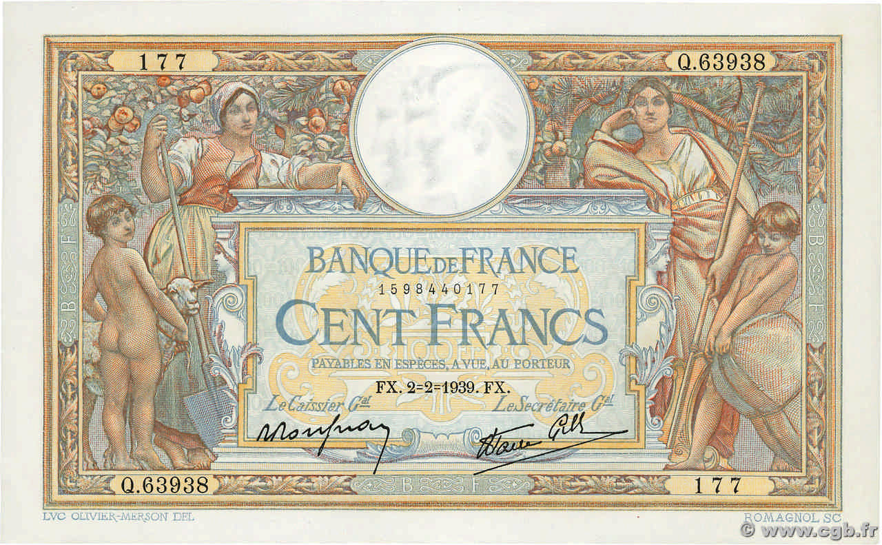 100 Francs LUC OLIVIER MERSON type modifié FRANKREICH  1939 F.25.41 fST