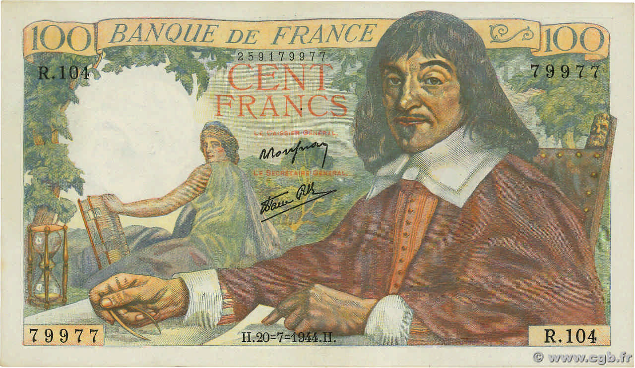 100 Francs DESCARTES FRANCIA  1944 F.27.06 SPL