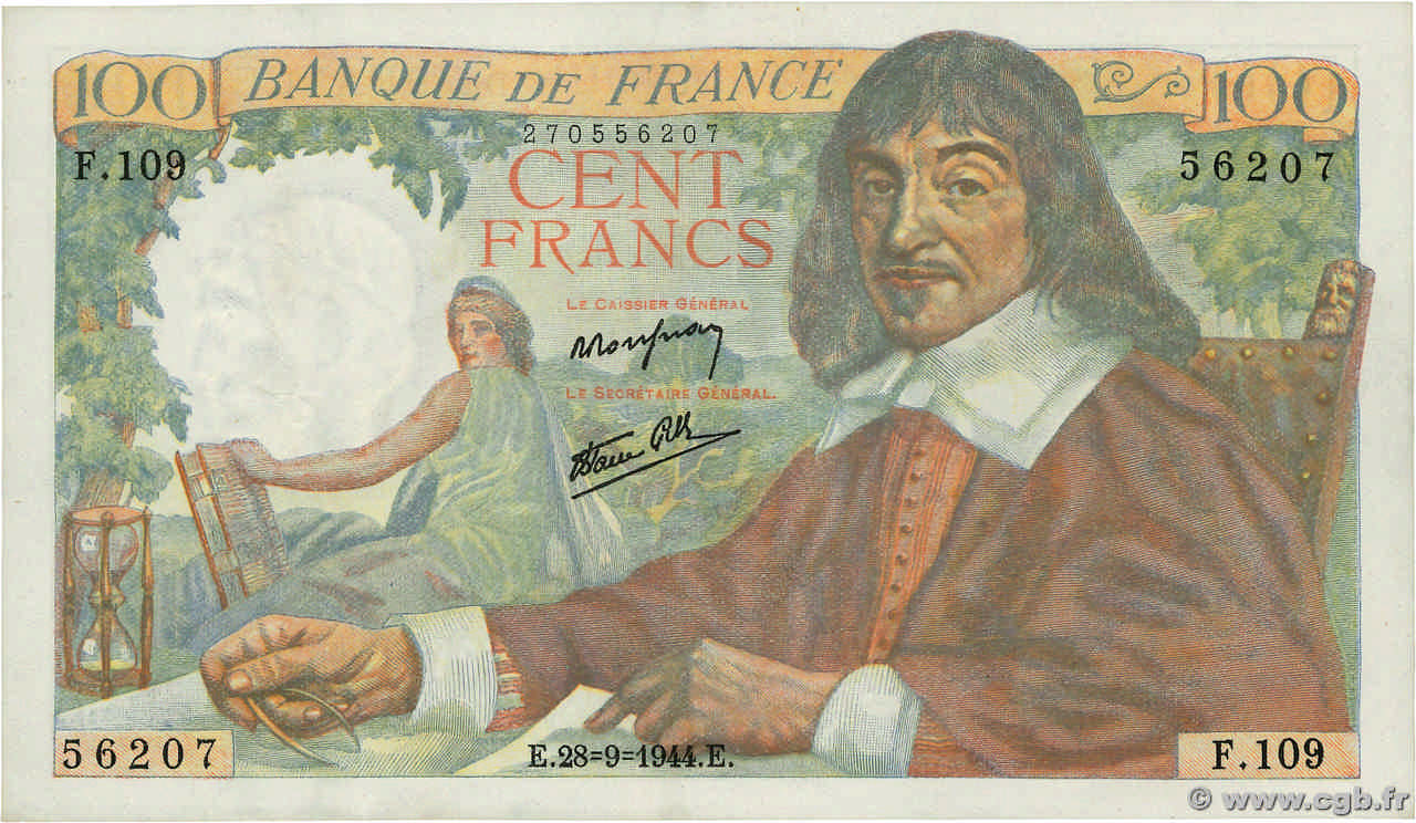 100 Francs DESCARTES FRANCE  1944 F.27.07 XF