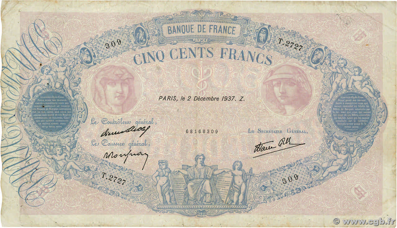 500 Francs BLEU ET ROSE modifié FRANCE  1937 F.31.04 pr.TB