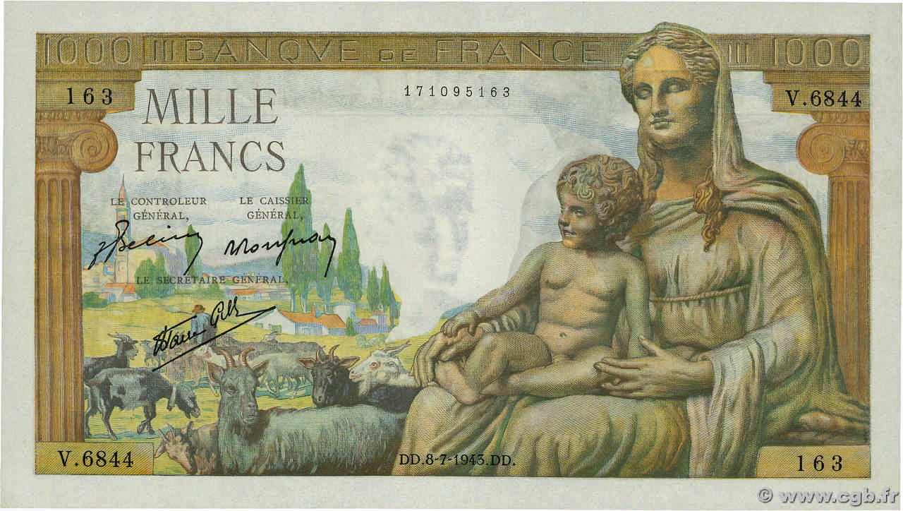 1000 Francs DÉESSE DÉMÉTER FRANCE  1943 F.40.29 UNC-