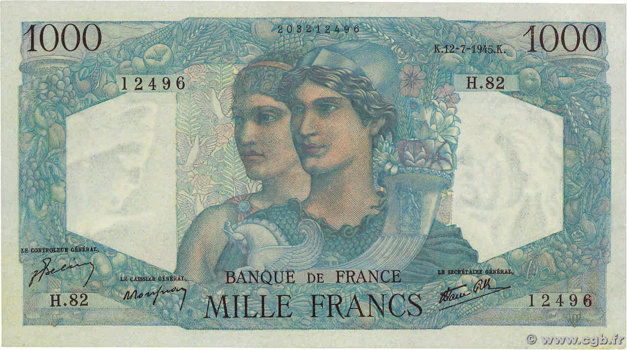 1000 Francs MINERVE ET HERCULE FRANCIA  1945 F.41.06 AU+