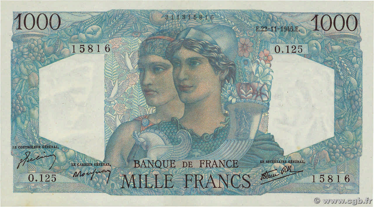 1000 Francs MINERVE ET HERCULE FRANCE  1945 F.41.08 AU
